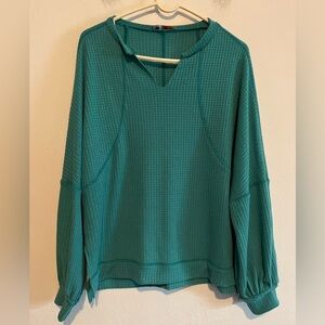 Freckled Poppy Teal Dolman Sleeve Waffle Knit V-Neck Blouse Medium